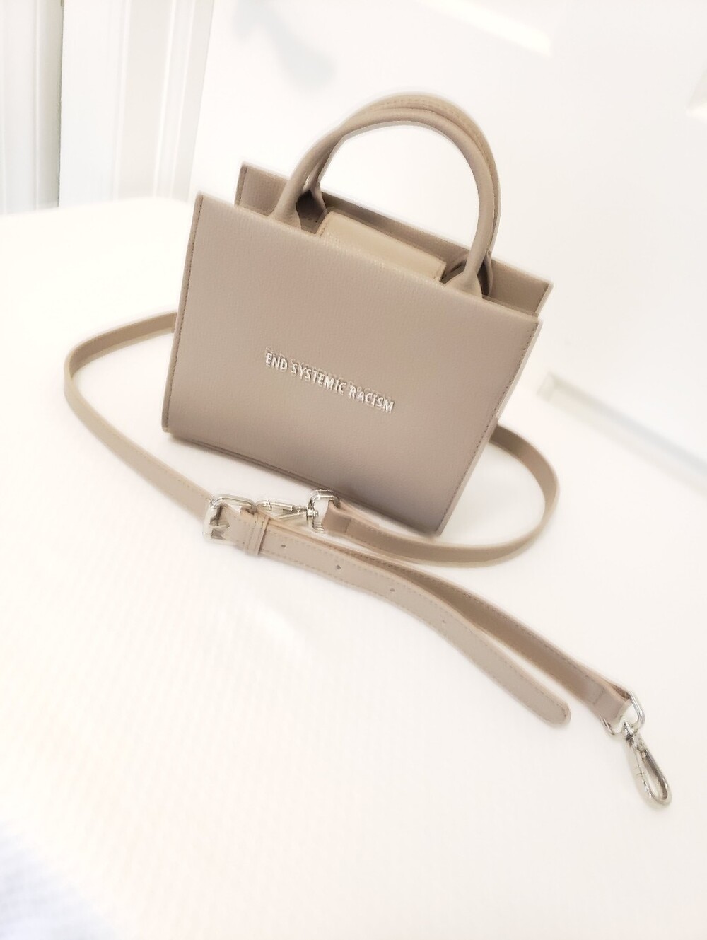 Brandon Blackwood Taupe Pebbled Grain Leather Mini Tote/Crossbody/Sleek Stylish